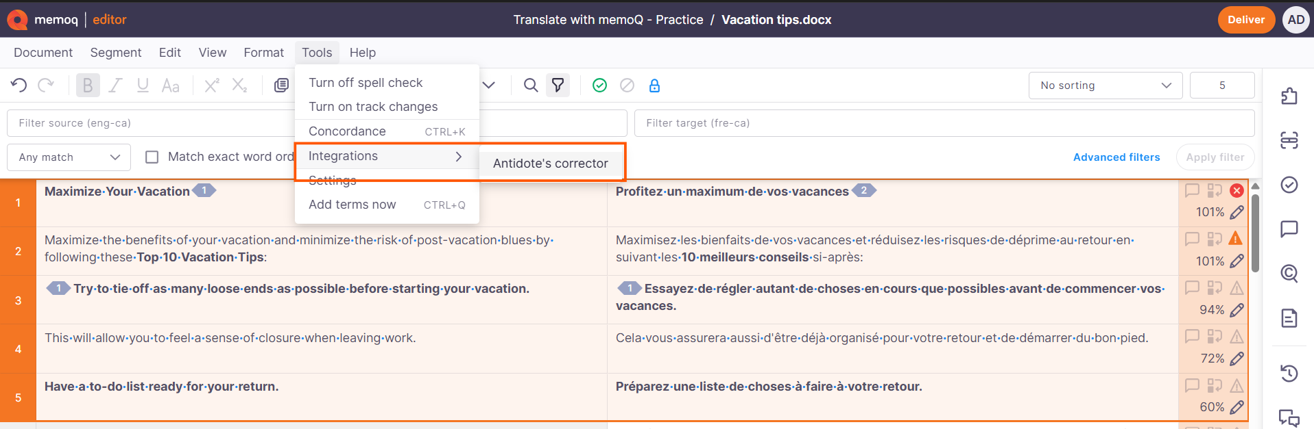 1_Antidote in memoQ editor_Integration