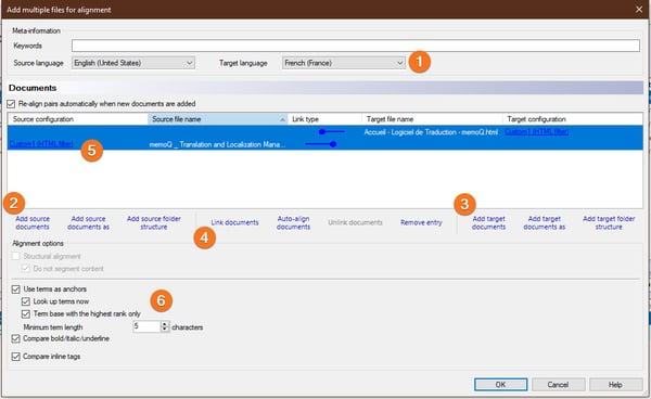 Add an alignment pair and set up the wizard: choose languages(1), add documents (2,3) and link them (4), adapt import filter settings (5) and alignment settings (6).