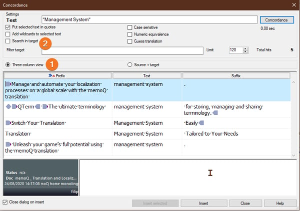 Use the three-column view (1) to see the result in the context. Check the box (2) to search in the target language documents.