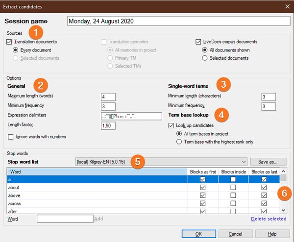 Choose the documents for the extraction (1), adapt the settings for multi-word terms (2) and single-word terms (3). Include existing terminology look-up (4) and don’t forget to use a stop word list and its settings (5,6).