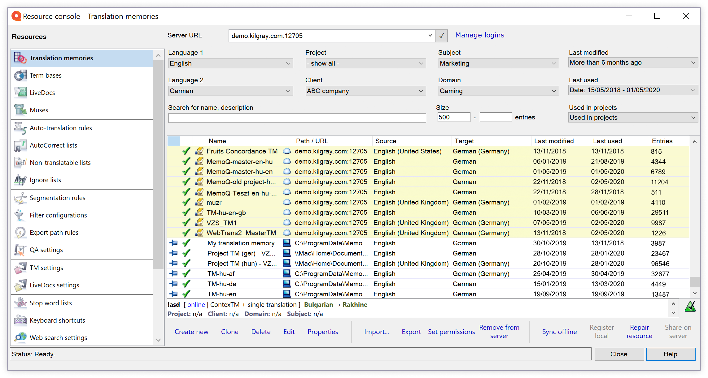 Resource console - memoQ Translation Memory