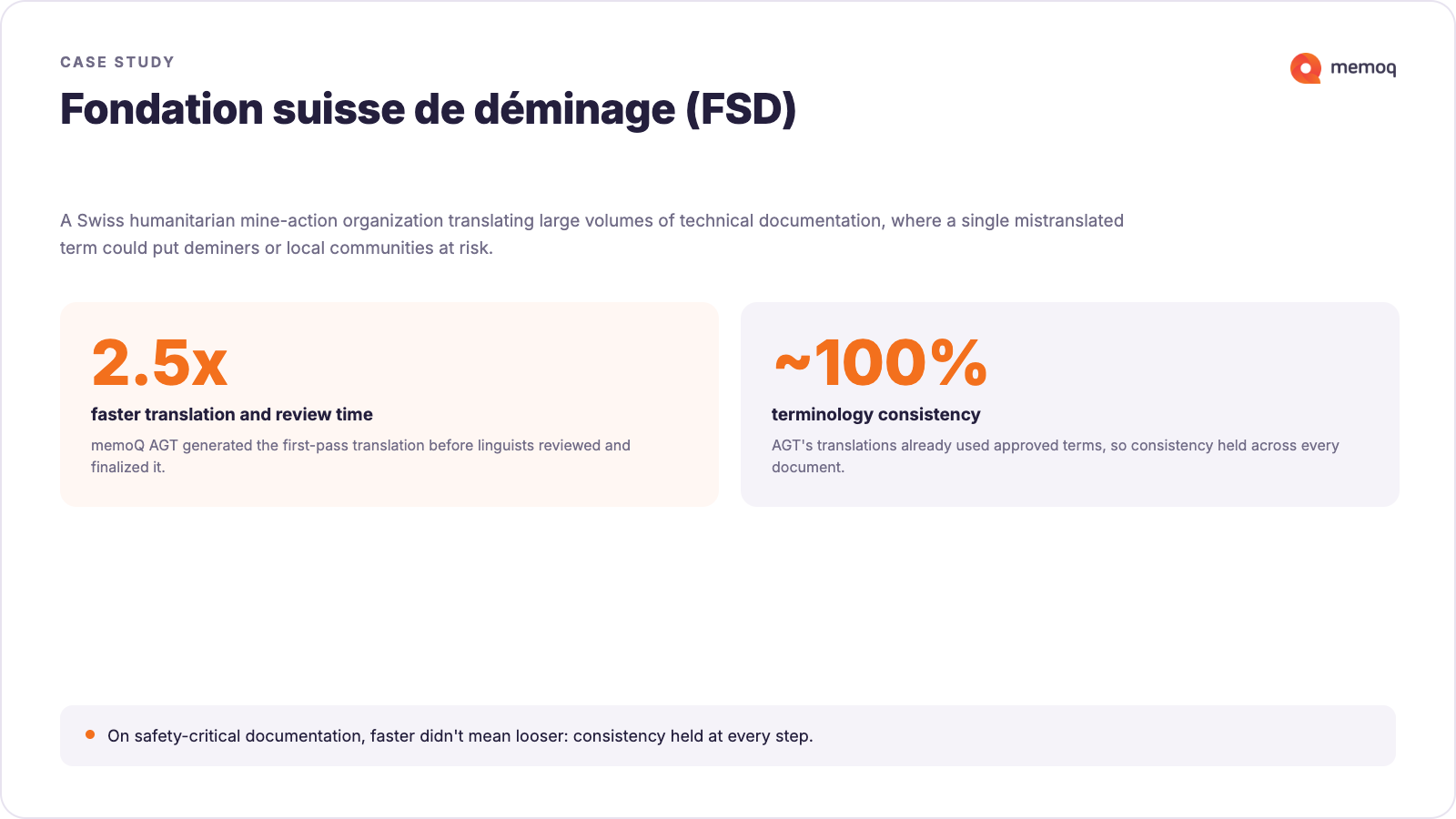"Case study: Fondation suisse de déminage (FSD). 2.5x faster translation and review time and close to 100% terminology consistency using memoQ AGT."