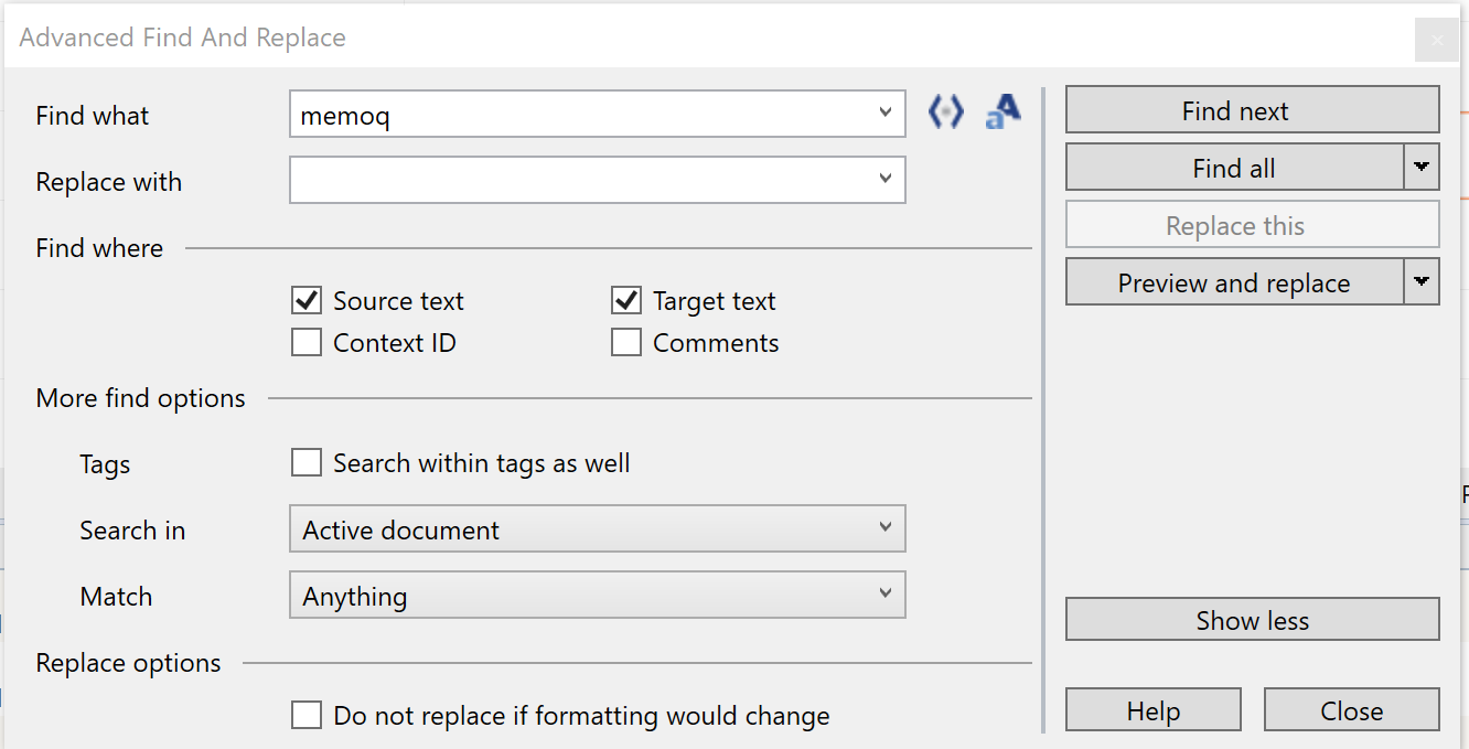 Advanced Find and Replace - memoQ